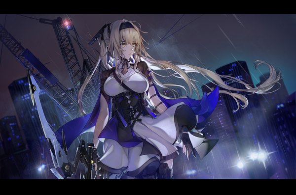 Anime picture 1801x1193 with punishing: gray raven bianca (punishing: gray raven) noir (ibaraki) single long hair fringe highres breasts blonde hair hair between eyes standing yellow eyes looking away wind city letterboxed rain cityscape between breasts expressionless