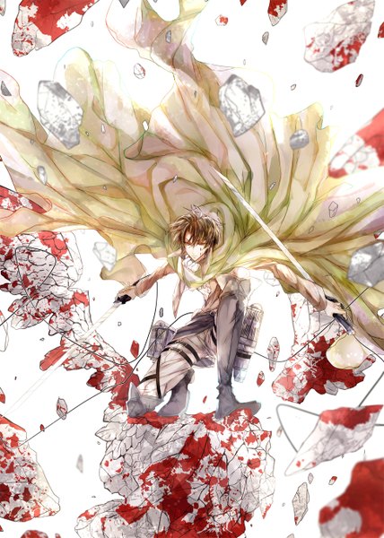 Anime picture 970x1360 with shingeki no kyojin production i.g levi (rivaille) tagme (artist) single tall image looking at viewer short hair black hair serious abstract boy weapon sword belt thigh strap cape pants debris