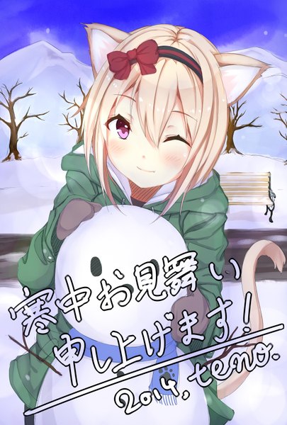 Anime picture 1181x1748 with original 96tuki single tall image looking at viewer blush short hair blonde hair smile animal ears tail animal tail one eye closed pink eyes wink cat ears cat girl cat tail winter mountain