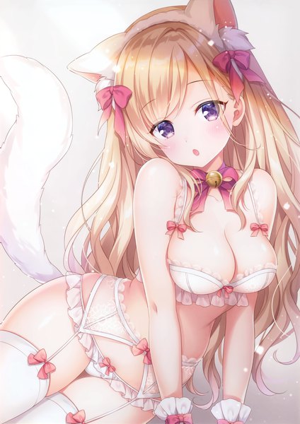 Anime picture 3534x5000 with original mitsuba choco single long hair tall image looking at viewer blush fringe highres breasts open mouth light erotic blonde hair simple background large breasts sitting purple eyes bare shoulders animal ears absurdres