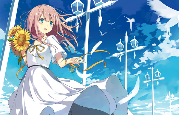 Anime-Bild 1500x965 mit original sutorora single long hair blush open mouth blue eyes smile brown hair holding looking away from below girl dress flower (flowers) animal white dress bird (birds) feather (feathers) sunflower