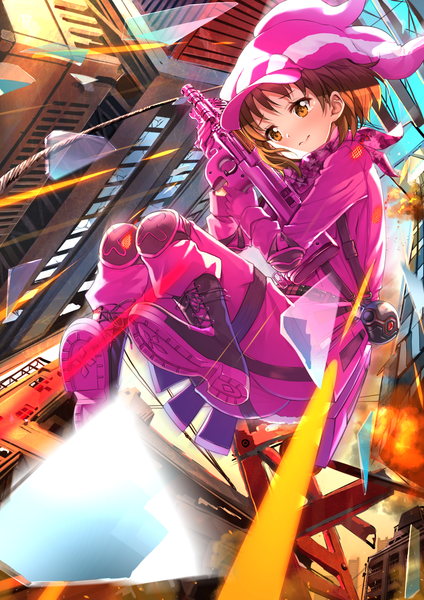 Anime picture 1102x1560 with sword art online sword art online alternative: gun gale online a-1 pictures llenn (sao) swordsouls single tall image blush fringe short hair brown hair holding brown eyes looking away full body light smile from below explosion girl gloves