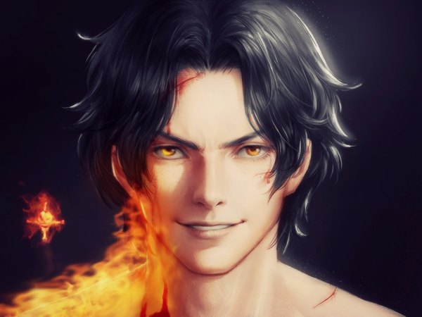 Anime-Bild 1000x750 mit one piece toei animation portgas d. ace shitsu soku k killer4fx single looking at viewer fringe short hair black hair simple background smile yellow eyes payot parted lips realistic grin coloring black background portrait