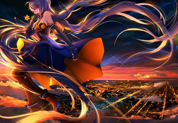Anime picture 2100x1451 with vocaloid xingchen yuuko single fringe highres hair between eyes bare shoulders yellow eyes payot looking away purple hair cloud (clouds) ahoge bent knee (knees) very long hair profile wind sunlight night