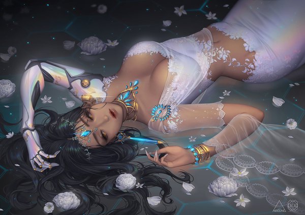 Anime picture 1920x1355 with overwatch blizzard entertainment symmetra (overwatch) love cacao single long hair highres breasts light erotic black hair large breasts signed yellow eyes looking away cleavage lying nail polish fingernails bare belly on back