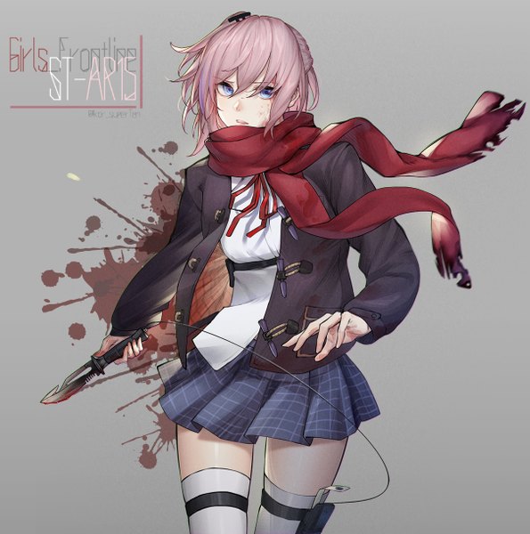 Anime picture 1210x1221 with girls frontline st ar-15 (girls frontline) ch-chin-chilla single tall image looking at viewer fringe short hair open mouth blue eyes simple background hair between eyes holding signed pink hair grey background open jacket alternate costume zettai ryouiki character names
