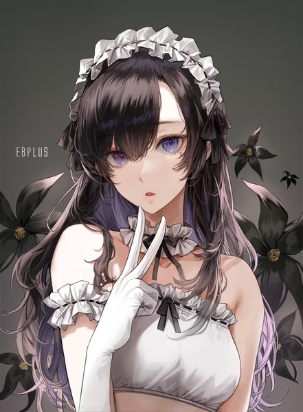 Anime picture 800x1088 with original kim eb single long hair tall image looking at viewer fringe open mouth blue eyes black hair simple background hair between eyes purple eyes bare shoulders signed upper body grey background mole mole under eye heterochromia