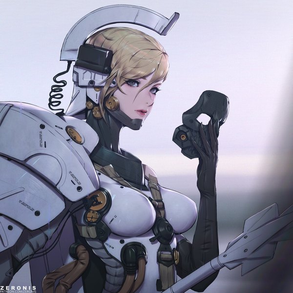 Anime picture 1450x1450 with death stranding ludens paul (shiramune) single looking at viewer fringe short hair breasts blonde hair hair between eyes signed grey eyes lipstick pink lipstick girl gloves black gloves elbow gloves mask exoskeleton