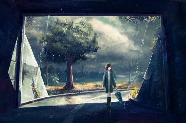 Anime picture 1096x728 with original sylar113 single long hair open mouth brown hair standing sky cloud (clouds) outdoors black eyes rain closed umbrella girl plant (plants) tree (trees) socks shoes black socks umbrella