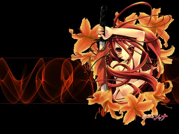 Anime picture 1600x1200 with shakugan no shana j.c. staff shana itou noiji light erotic official art black background flower (flowers) sword