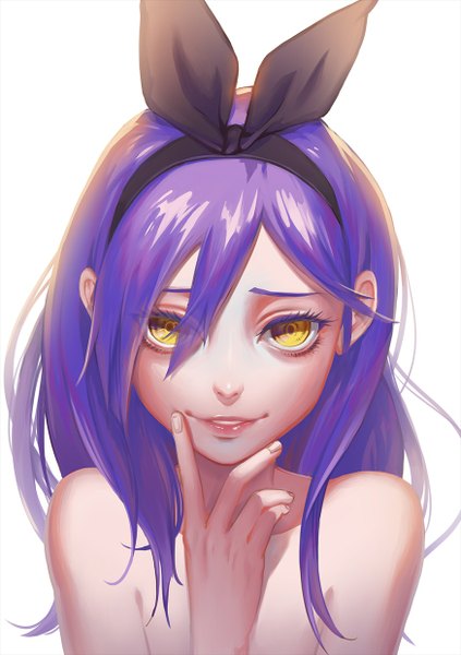 Anime picture 874x1240 with unlight stacia (unlight) shou shizuku (deme) single long hair tall image looking at viewer simple background smile white background yellow eyes purple hair finger to mouth topless girl hairband