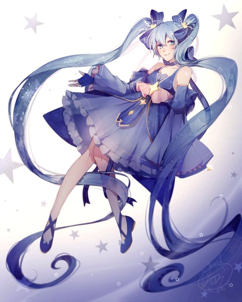 Anime picture 1000x1250 with vocaloid star night snow (vocaloid) hatsune miku yuki miku yuki miku (2017) na yeon single tall image looking at viewer fringe blue eyes simple background smile hair between eyes twintails bare shoulders signed blue hair full body bent knee (knees)