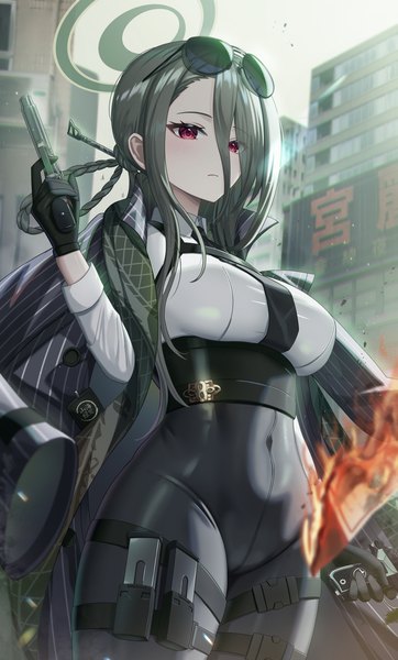 Anime picture 1811x3000 with blue archive mina (blue archive) chisi single long hair tall image looking at viewer blush fringe highres breasts light erotic black hair hair between eyes red eyes large breasts standing holding outdoors arm up