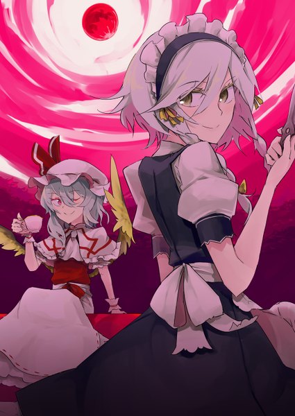 Anime picture 1000x1412 with touhou remilia scarlet izayoi sakuya tai0201 tall image looking at viewer short hair smile sitting multiple girls green eyes looking away sky one eye closed pink eyes grey hair wink maid red moon red sky