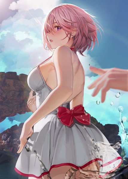 Anime picture 2976x4175 with fate (series) fate/grand order mash kyrielight mash kyrielight (swimsuit of perpetual summer) nanaken nana single tall image looking at viewer blush fringe highres short hair breasts open mouth standing purple eyes bare shoulders pink hair sky cloud (clouds)