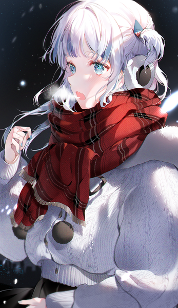 Anime picture 1856x3209 with virtual youtuber hololive hololive english gawr gura 2sham single long hair tall image blush fringe highres open mouth blue eyes standing looking away silver hair outdoors blunt bangs long sleeves nail polish