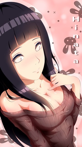 Anime picture 1080x1920 with naruto studio pierrot naruto (series) hyuuga hinata xiao ren single long hair tall image looking at viewer blush fringe breasts light erotic black hair simple background bare shoulders inscription grey eyes character names hand on chest