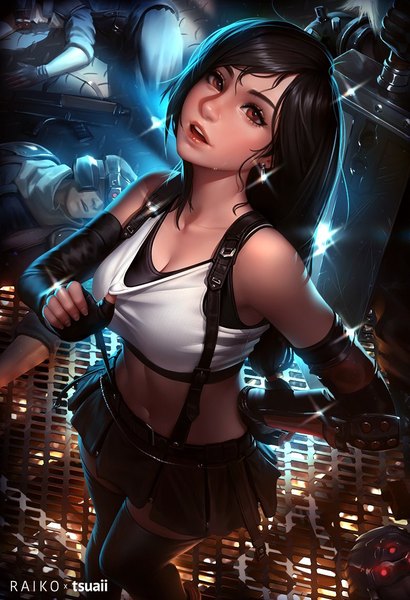 Аниме картинка 780x1140 с последняя фантазия final fantasy vii square enix tifa lockhart cloud strife raikoart tsuaii один (одна) длинные волосы высокое изображение смотрит на зрителя грудь открытый рот чёрные волосы красные глаза большая грудь подписанный вид сверху реалистичный искорки (блеск)