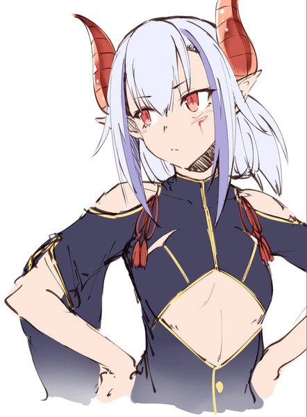 Anime picture 793x1077 with original melusine (ibuki notsu) ibuki notsu single tall image fringe short hair simple background hair between eyes red eyes white background bare shoulders payot looking away silver hair upper body ponytail horn (horns) pointy ears facial mark