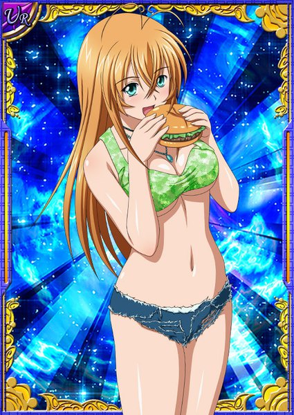 Anime picture 567x800 with ikkitousen sonsaku hakufu single long hair tall image looking at viewer blush fringe open mouth blue eyes light erotic blonde hair hair between eyes standing holding cleavage ahoge underboob blue background framed