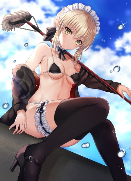 Anime picture 975x1344 with fate (series) fate/grand order artoria pendragon (all) artoria pendragon (alter swimsuit rider) (fate) harimoji single tall image looking at viewer blush fringe short hair breasts light erotic blonde hair hair between eyes sitting bare shoulders holding payot sky