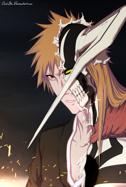 Anime picture 2000x2959 with bleach studio pierrot kurosaki ichigo carl1tos single long hair tall image highres red eyes yellow eyes traditional clothes japanese clothes horn (horns) orange hair coloring portrait dark background boy kimono mask