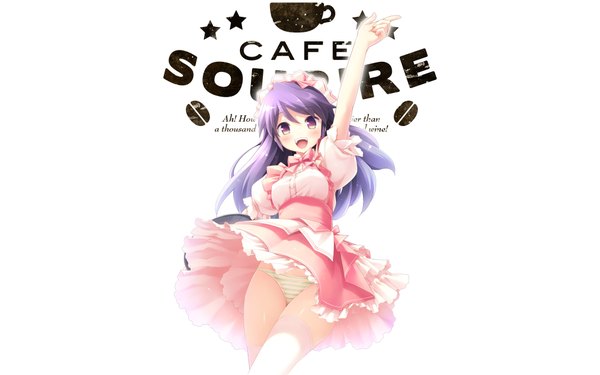 Anime picture 4000x2500 with cafe sourire cuffs (studio) yukishita miyuri gayarou single long hair blush highres open mouth light erotic simple background wide image white background purple eyes absurdres purple hair inscription mole mole under eye skirt lift