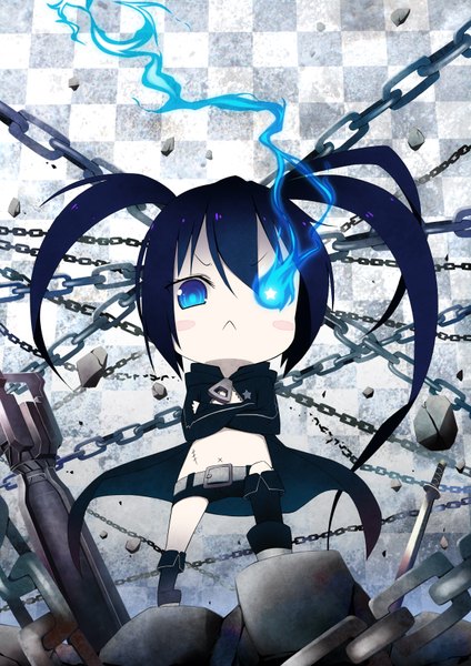 Anime picture 2480x3508 with black rock shooter black rock shooter (character) tukinan (pixiv) single long hair tall image blush highres blue eyes black hair twintails glowing scar glowing eye (eyes) chibi checkered background girl weapon sword shoes