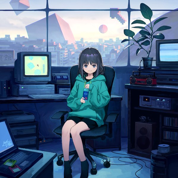 Anime picture 2048x2048 with original sho (sho lwlw) single long hair looking at viewer fringe highres blue eyes black hair smile sitting holding full body bent knee (knees) indoors city girl plant (plants) socks window