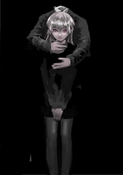 Anime picture 1200x1700 with original dura long hair tall image looking at viewer fringe blonde hair red eyes hug black background hug from behind no face girl boy suit