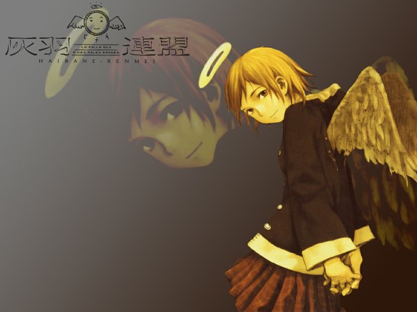 Anime picture 1152x864 with haibane renmei rakka (haibane) abe yoshitoshi single short hair smile brown hair brown eyes pleated skirt hands behind back third-party edit zoom layer interlocked fingers brown background girl skirt shirt wings halo red skirt