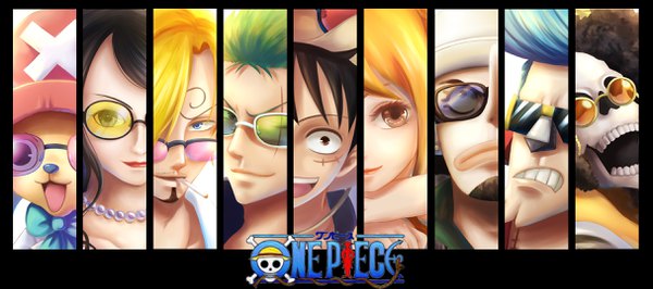 Anime picture 2427x1080 with one piece one piece film: gold toei animation nami (one piece) monkey d. luffy nico robin roronoa zoro sanji tony tony chopper usopp franky brook (one piece) yan xiao qi looking at viewer fringe highres open mouth blue eyes black hair blonde hair