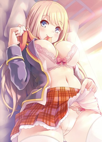Anime picture 717x1000 with girlfriend (kari) chloe lemaire kekemotsu single long hair tall image blush breasts light erotic blonde hair smile large breasts holding lying open clothes bare belly on back mouth hold plaid skirt girl