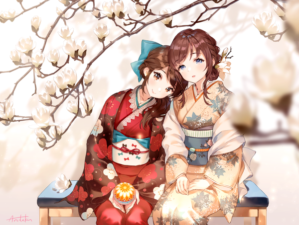 Anime picture 1500x1133 with original ancotaku long hair looking at viewer blush fringe open mouth blue eyes smile brown hair sitting multiple girls holding brown eyes braid (braids) traditional clothes head tilt japanese clothes hair flower depth of field