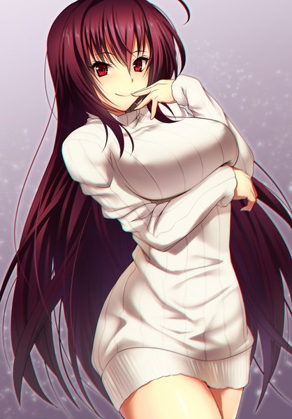 Anime picture 1393x2000 with fate (series) fate/grand order scathach (fate) (all) scathach (fate) emanon123 single tall image looking at viewer blush fringe breasts simple background smile hair between eyes red eyes large breasts purple hair ahoge long sleeves very long hair