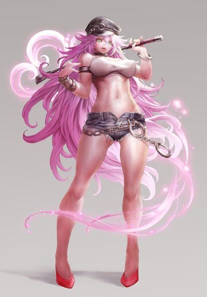 Anime picture 1000x1430 with street fighter final fight capcom poison (final fight) nabe (artist) single tall image looking at viewer fringe breasts blue eyes light erotic large breasts looking away pink hair very long hair parted lips lips bare legs midriff