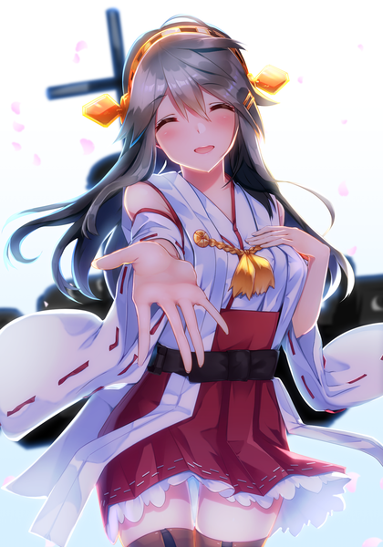 Anime picture 1517x2167 with kantai collection haruna battleship tsukui kachou single long hair tall image blush fringe open mouth black hair simple background smile hair between eyes ahoge eyes closed traditional clothes japanese clothes wide sleeves zettai ryouiki gradient background