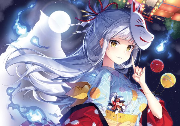 Anime picture 1920x1350 with original masuishi kinoto single long hair looking at viewer fringe highres yellow eyes silver hair upper body traditional clothes japanese clothes half updo mask on head girl obi mask yukata torii fox mask