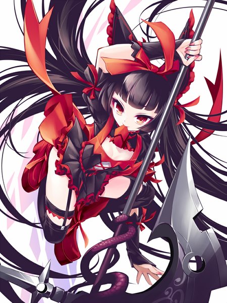 Anime picture 825x1100 with gate - jieitai ka no chi nite kaku tatakaeri a-1 pictures rory mercury kousaki rui single tall image looking at viewer fringe black hair red eyes holding bent knee (knees) very long hair nail polish floating hair mouth hold jumping pink nail polish ribbon in mouth girl