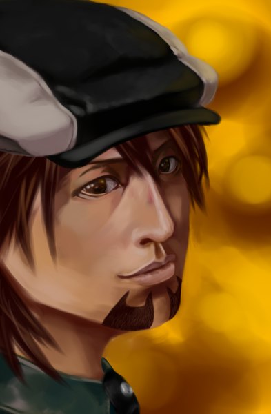Anime picture 1258x1920 with tiger & bunny sunrise (studio) kaburagi t. kotetsu wolfmore tall image looking at viewer short hair simple background brown hair brown eyes realistic close-up face flat cap beard