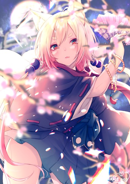 Anime picture 1417x2000 with original chita (ketchup) single long hair tall image looking at viewer blush fringe blonde hair hair between eyes red eyes twintails holding signed animal ears tail traditional clothes parted lips japanese clothes animal tail