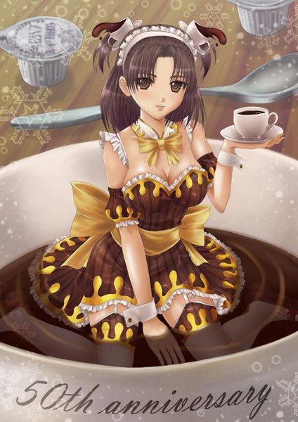 Anime picture 2480x3508 with original sawwei005 single tall image looking at viewer highres short hair black hair twintails bare shoulders brown eyes short twintails girl thighhighs dress white thighhighs headdress cup spoon coffee