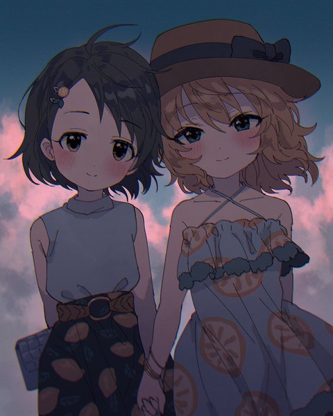 Anime picture 1200x1500 with idolmaster idolmaster cinderella girls sakurai momoka sasaki chie shinonoko (tubamecider) tall image blush short hair black hair brown hair multiple girls brown eyes green eyes sky outdoors loli sleeveless holding hands evening casual