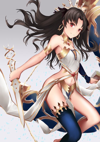 Anime picture 872x1234 with fate (series) fate/grand order ishtar (fate) scal2let single long hair tall image looking at viewer light erotic black hair red eyes bare shoulders light smile two side up girl thighhighs navel hair ornament weapon earrings