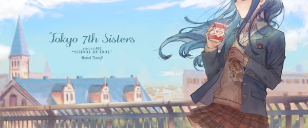 Anime picture 1200x500 with tokyo 7th sisters tendouji musubi ekao single long hair wide image blue hair sky cloud (clouds) wind copyright name character names city cityscape head out of frame girl uniform school uniform food building (buildings)