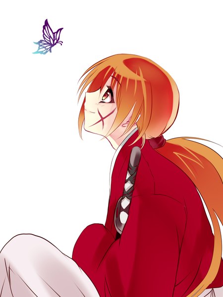 Anime picture 1500x2000 with rurouni kenshin himura kenshin kurabayashi single long hair tall image simple background red eyes white background tail profile orange hair looking up scar boy weapon sword katana insect butterfly