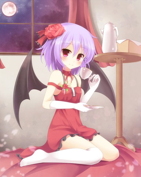Anime picture 1323x1654 with touhou remilia scarlet aibumi tall image looking at viewer blush short hair smile purple eyes bare shoulders purple hair hair flower red moon girl thighhighs dress gloves hair ornament petals white thighhighs