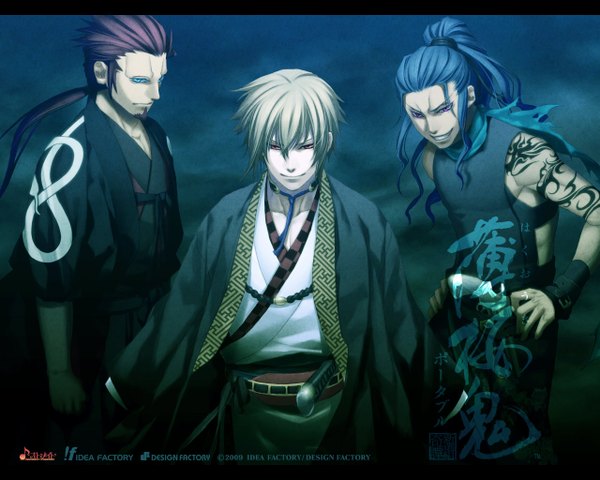 Anime picture 1280x1024 with hakuouki shinsengumi kitan studio deen chikage kazama shiranui kyou amagiri kyuuju long hair short hair blonde hair brown hair blue hair japanese clothes tattoo group demon boy weapon kimono