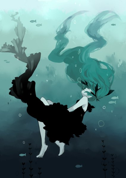 Anime picture 1730x2450 with vocaloid shinkai shoujo (vocaloid) hatsune miku anbivarens (artist) tall image highres twintails eyes closed barefoot underwater girl dress black dress fish (fishes)