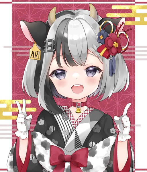 Anime picture 1710x2000 with original yuni (irohasuiroiro) single tall image looking at viewer blush highres short hair open mouth animal ears upper body traditional clothes :d japanese clothes multicolored hair horn (horns) grey hair two-tone hair teeth new year